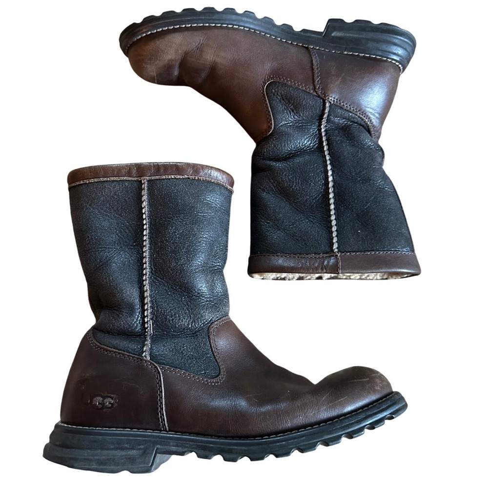 UGG Australia Black And Brown Leather Shearling Lined Boots Men's 7
